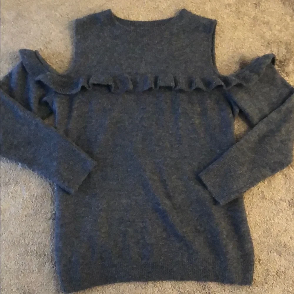 Loft | Open Shoulder Ruffle Navy Sweater - Picture 1 of 8